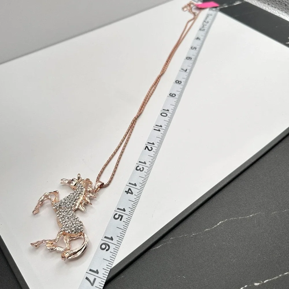 Vintage 90s Betsey Johnson Unicorn Necklace Rose Gold Tone Glass Pendant Jewelry